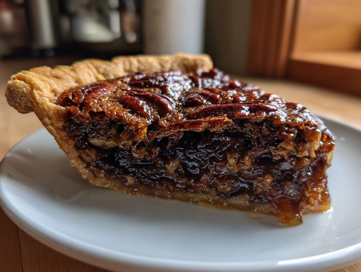Close-up of a rich, gooey slice of Texas Chocolate Pecan Pie showing the dark filling and pecan topping.