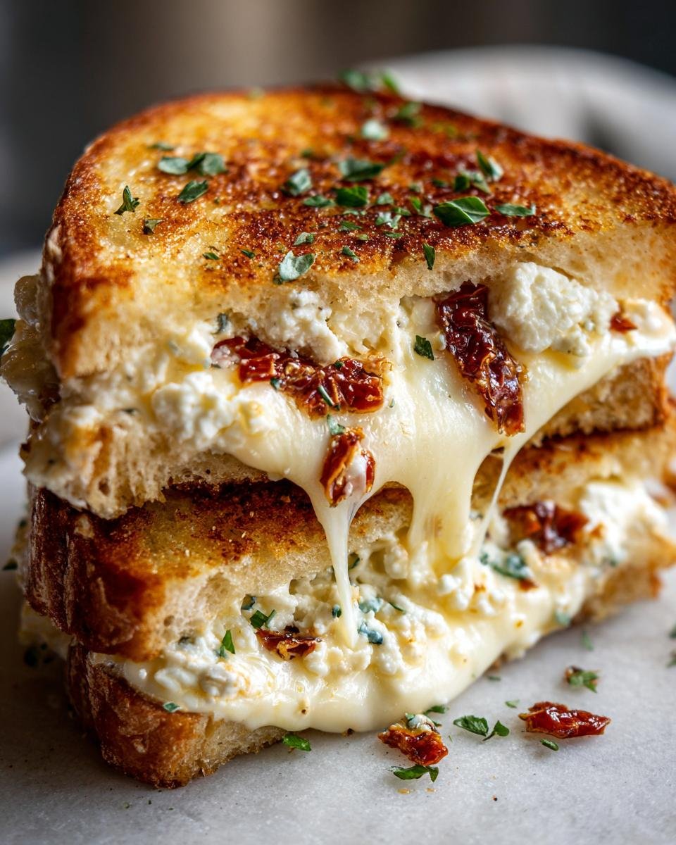 Close-up of the Ultimate Mediterranean Grilled Cheese Sandwich with melted cheese pull and sun-dried tomatoes.