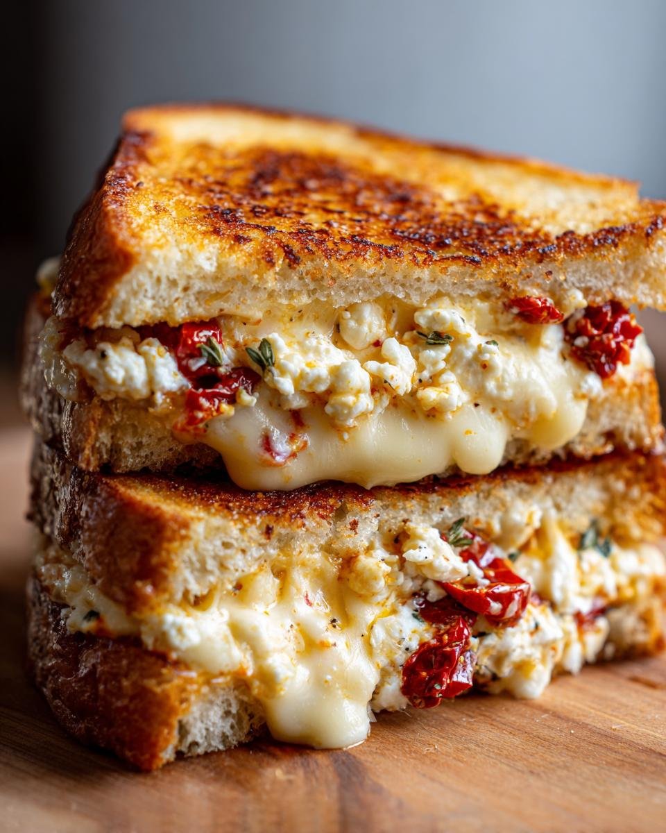 Close-up of the Ultimate Mediterranean Grilled Cheese Sandwich cut in half, showing melted cheese and feta.