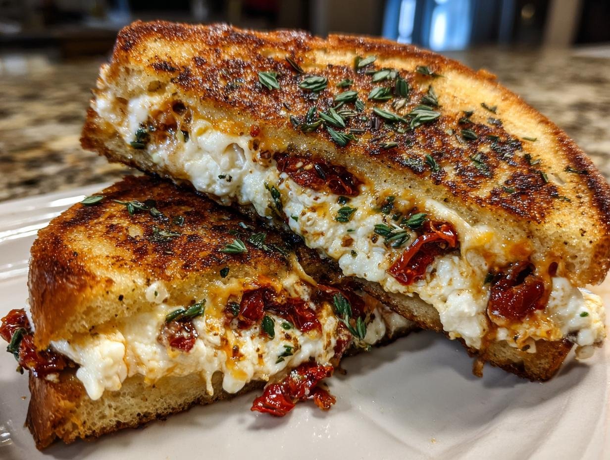 Close-up of the Ultimate Mediterranean Grilled Cheese Sandwich cut in half, showing melted white cheese and sun-dried tomatoes.