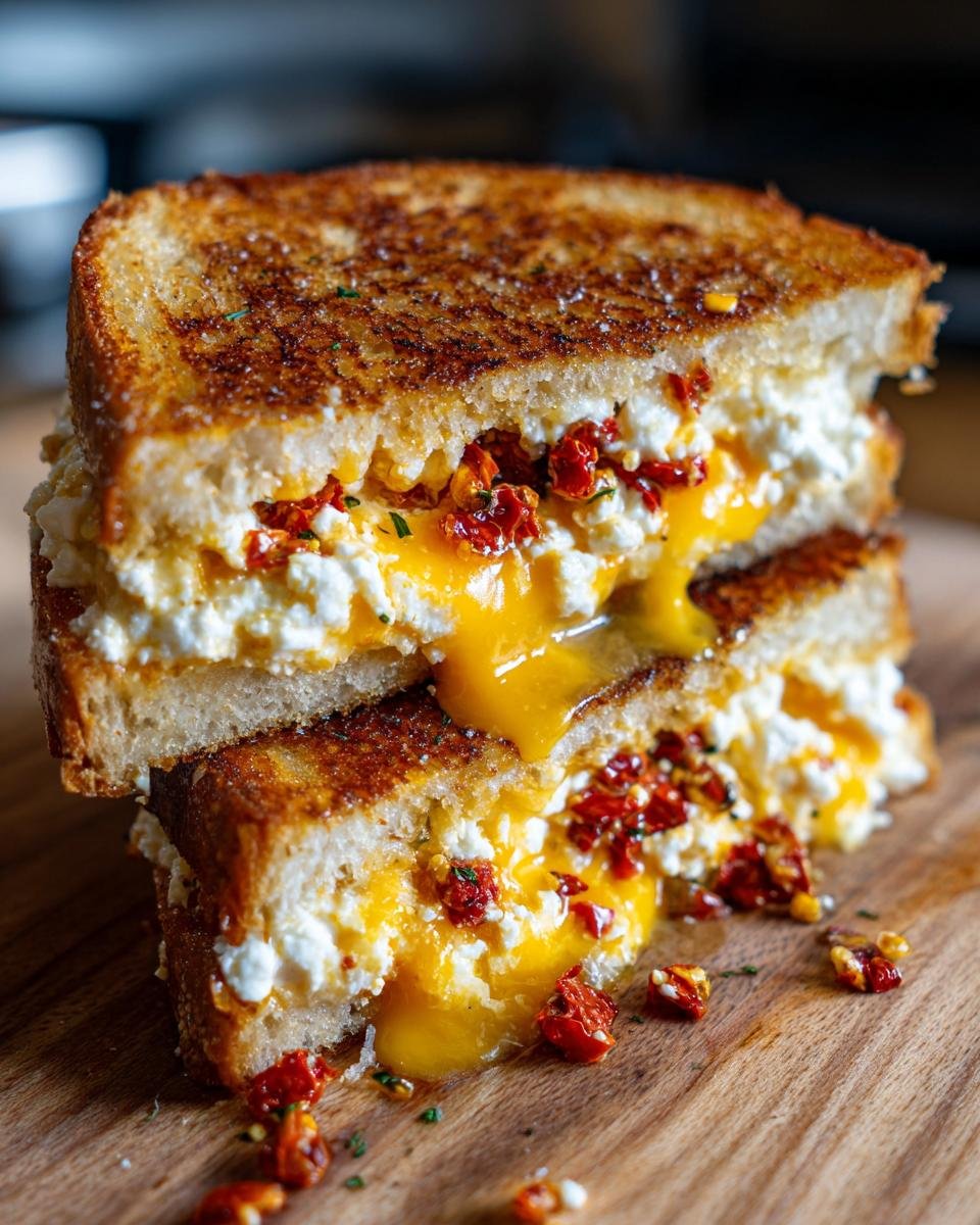 Close-up of the Ultimate Mediterranean Grilled Cheese Sandwich stacked, showing melted cheese and sun-dried tomatoes.