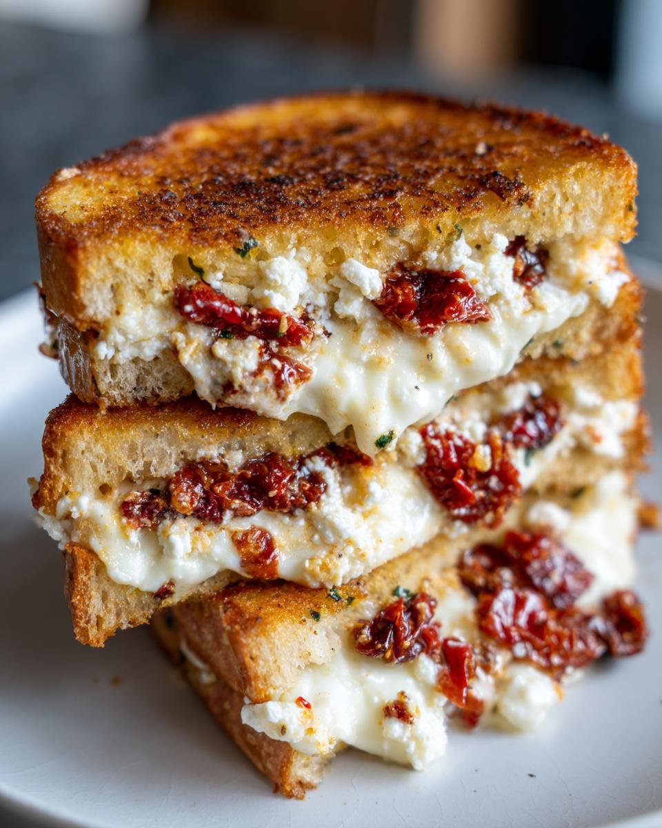 A stack of two halves of the Ultimate Mediterranean Grilled Cheese Sandwich showing melted cheese and sun-dried tomatoes.