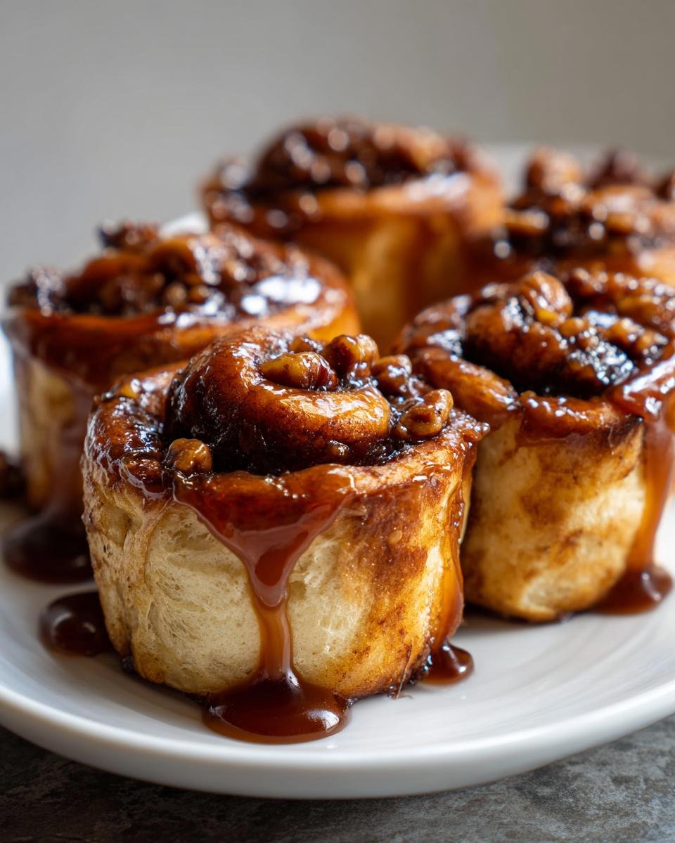 Close-up of several gooey Vegan Pecan Sticky Buns topped with rich caramel sauce dripping down the sides.