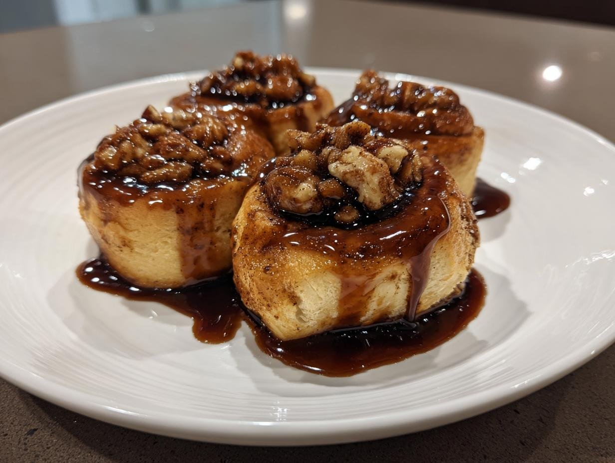 Four gooey Vegan Pecan Sticky Buns covered in rich caramel sauce and topped with pecans on a white plate.