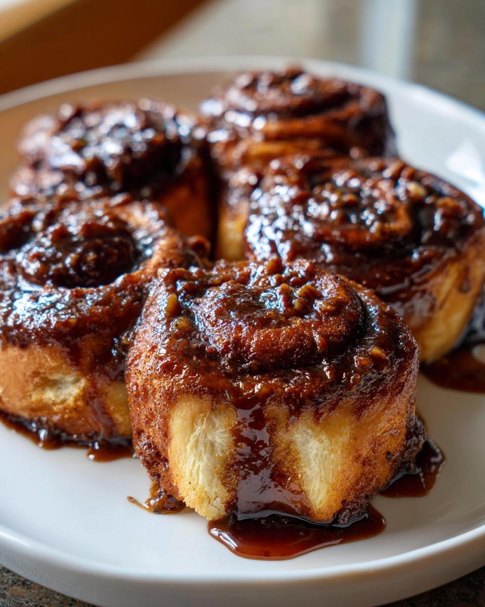 Four sticky buns covered in rich caramel pecan topping, ready to eat from The Ultimate Vegan Pecan Sticky Buns recipe.