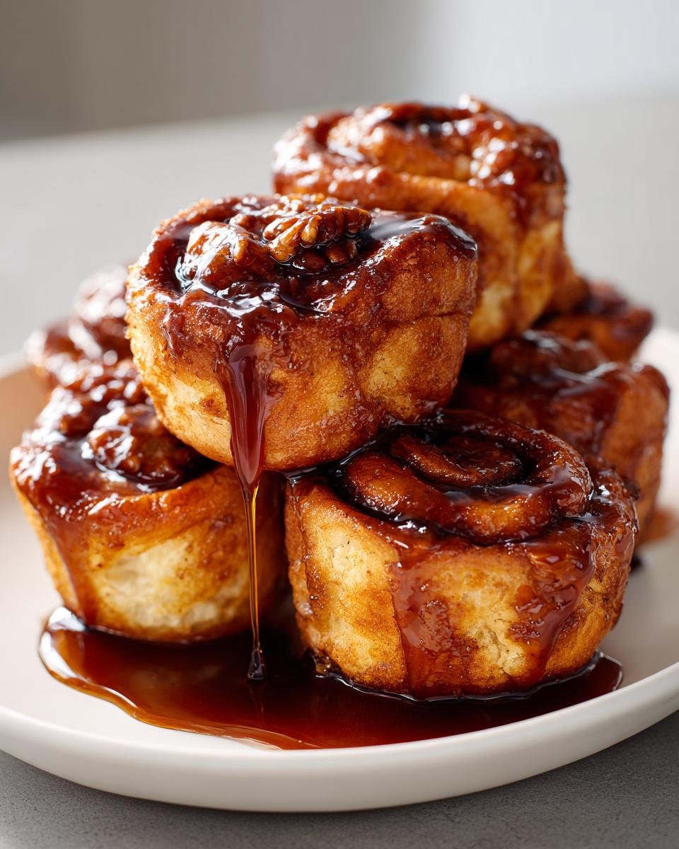 Close-up of several Vegan Pecan Sticky Buns stacked on a plate, generously covered in dripping caramel-like glaze.