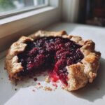 A rustic Vegan Berry Galette with a golden crust and juicy, dark red berry filling, sitting by a window.