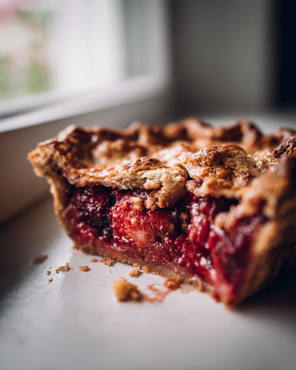 Close-up of a slice of Vegan Berry Galette showing the flaky crust and juicy, bright red berry filling.