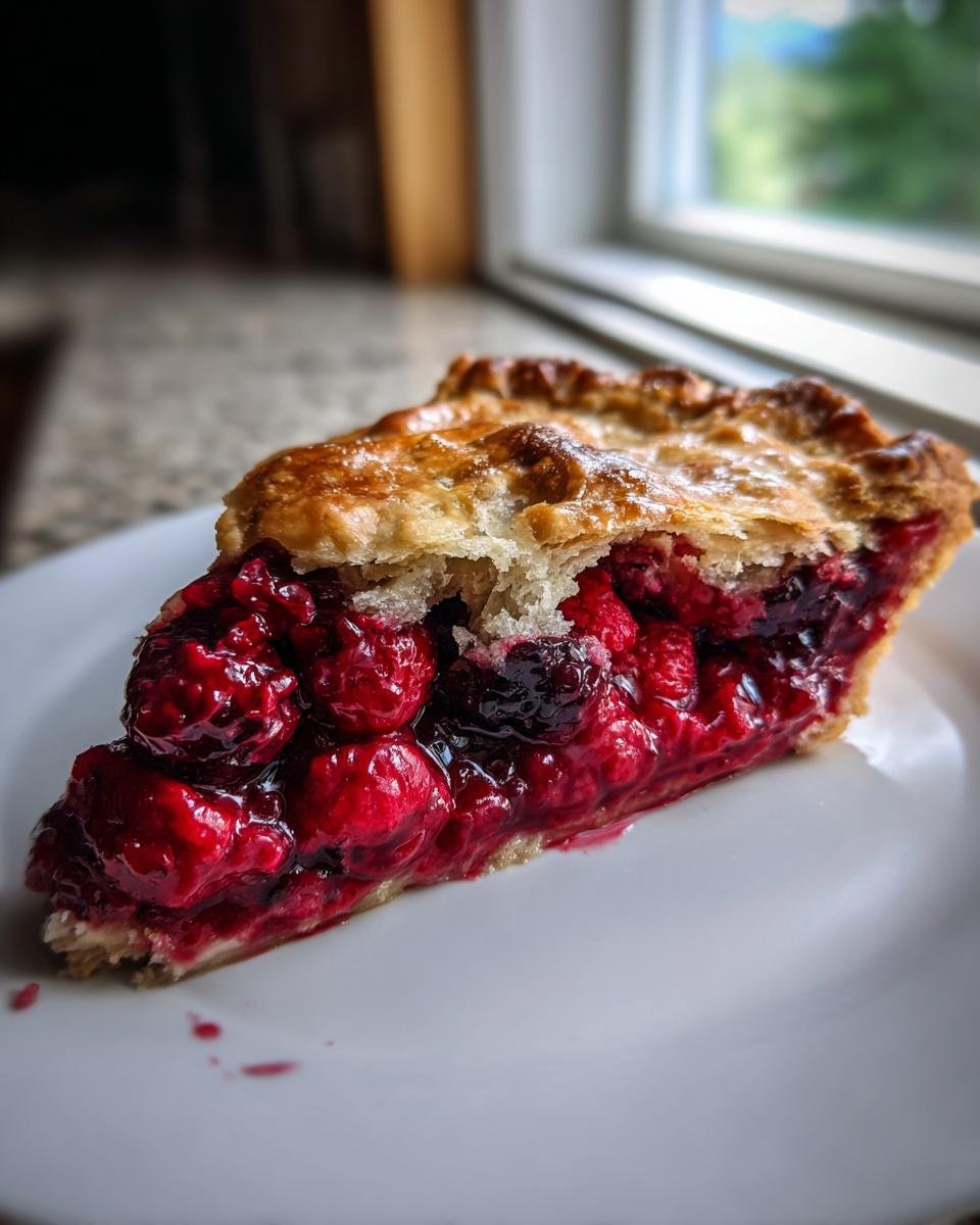 Close-up of a thick slice of juicy berry pie showing bright red filling and flaky crust, representing the Vegan Berry Galette.