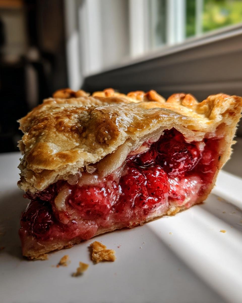 Close-up of a slice of Vegan Berry Galette showing the juicy, bright red berry filling and flaky golden crust.