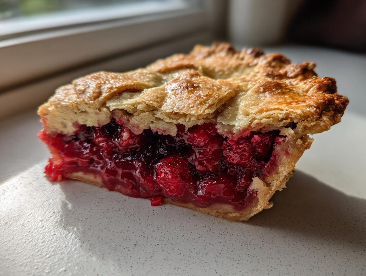 Close-up of a slice of Vegan Berry Galette showing flaky crust and vibrant red berry filling.