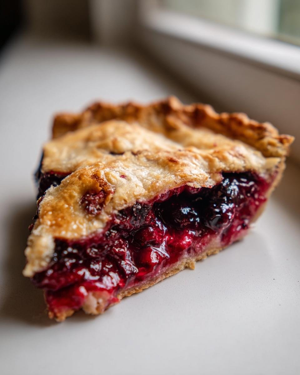 Close-up of a juicy slice of Vegan Berry Galette showing the rich, dark berry filling and flaky, golden crust.