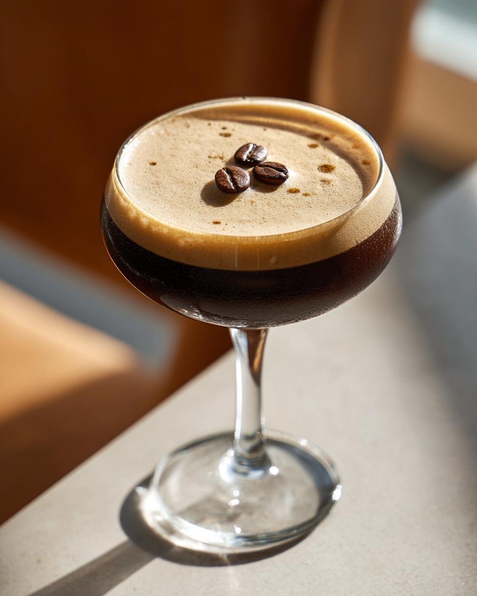 A close-up of a Vegan Espresso Martini Mocktail in a coupe glass, topped with thick foam and three coffee beans.