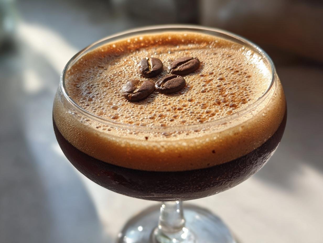 Close-up of a rich, dark Vegan Espresso Martini Mocktail topped with thick foam and three coffee beans.