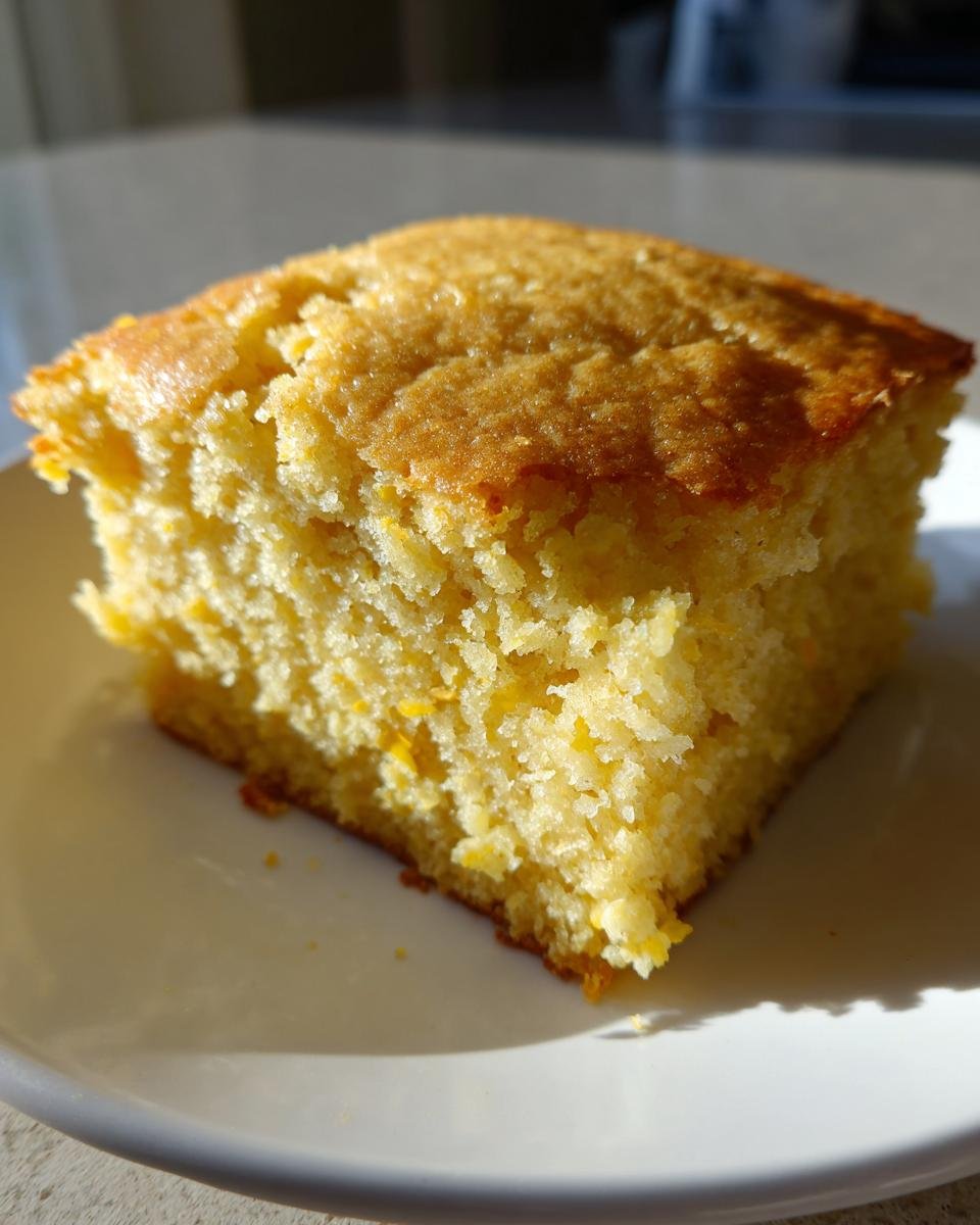 Close-up of a square slice of golden Vegan Sweet Cornbread with a crumbly texture, sitting on a white plate.