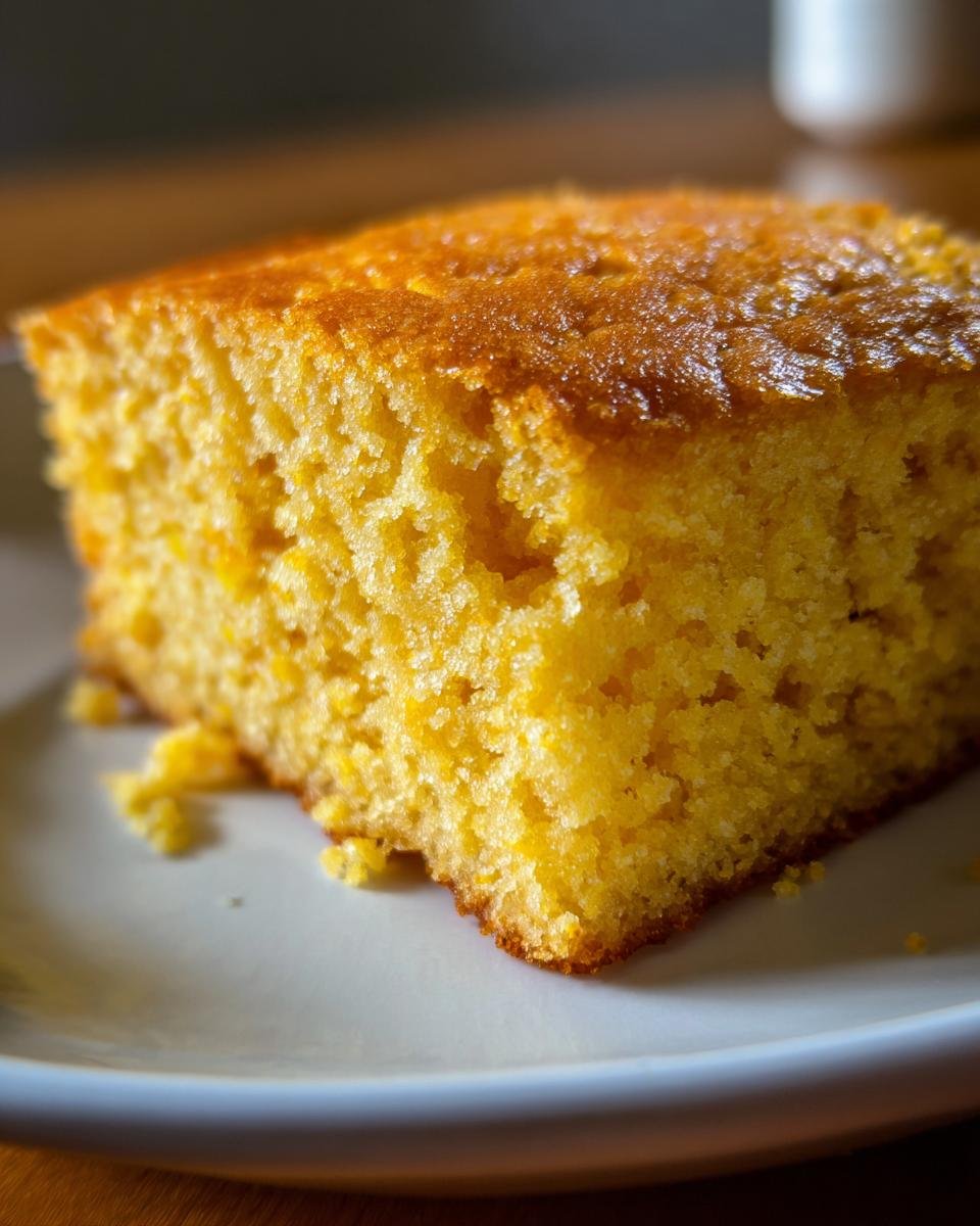 A close-up, macro shot of a golden slice of Vegan Sweet Cornbread showing its moist, crumbly texture.