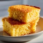 Close-up of two golden, moist slices of Vegan Sweet Cornbread stacked on a light plate.