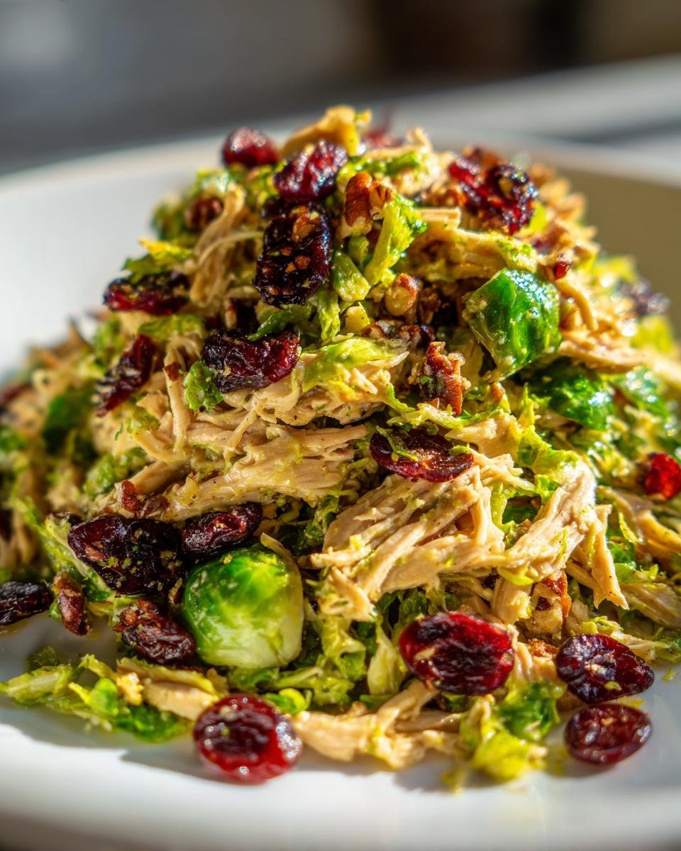 Close-up of a Vibrant Chicken Brussels Sprout Salad Recipe featuring shredded chicken, shaved greens, pecans, and dried cranberries.