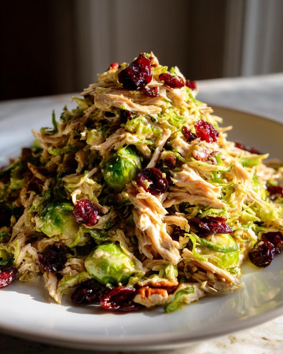 A mound of Vibrant Chicken Brussels Sprout Salad Recipe featuring shredded chicken, shaved Brussels sprouts, and dried cranberries.