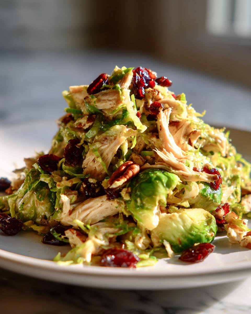 A vibrant chicken Brussels sprout salad piled high with shredded greens, chicken, pecans, and dried cranberries.