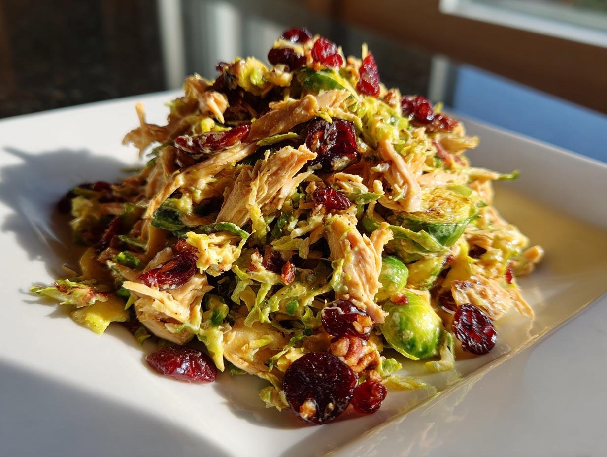 A mound of Vibrant Chicken Brussels Sprout Salad Recipe featuring shredded chicken, shaved Brussels sprouts, and dried cranberries on a white plate.