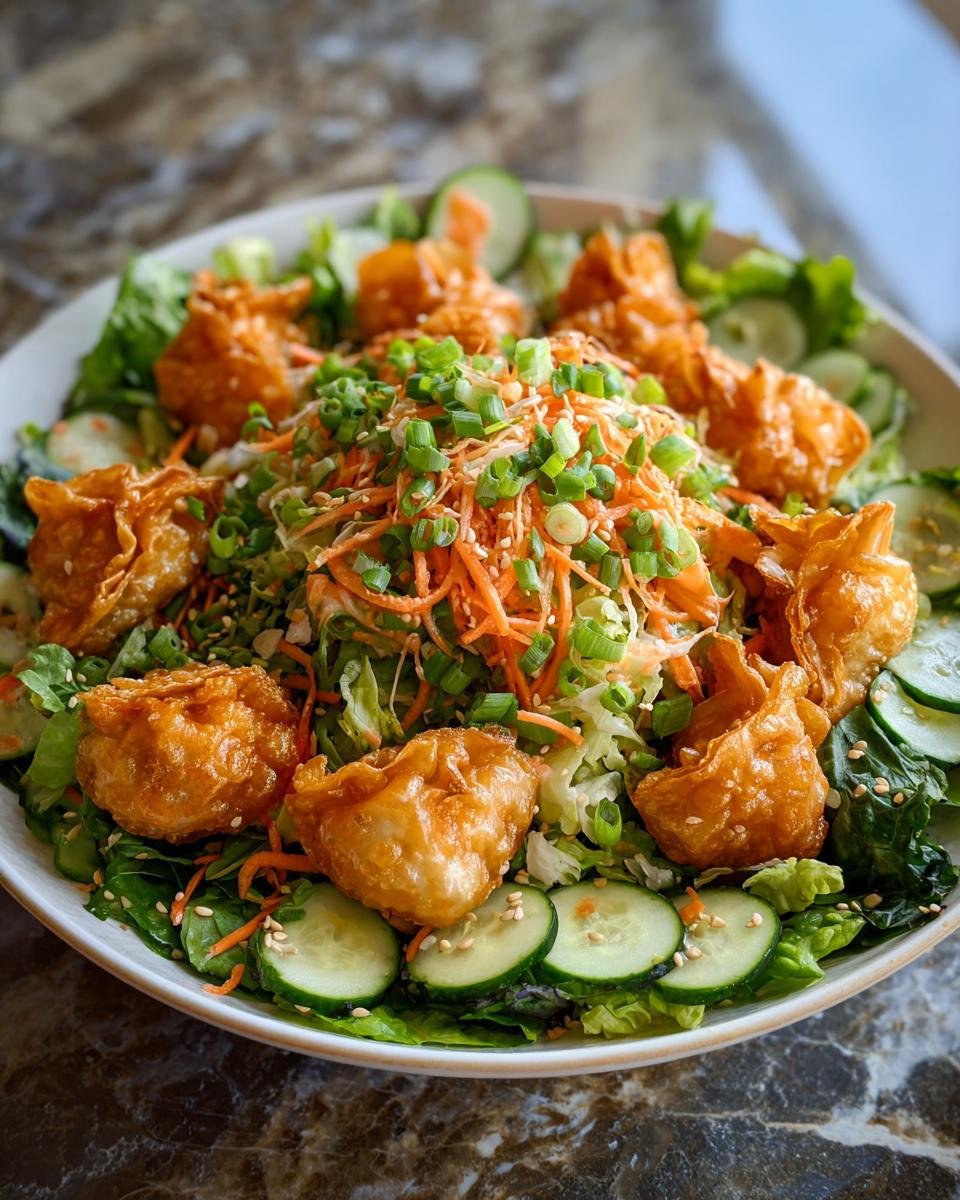 A bowl of Viral Crispy Dumpling Salad featuring golden fried dumplings, shredded carrots, and green onions.