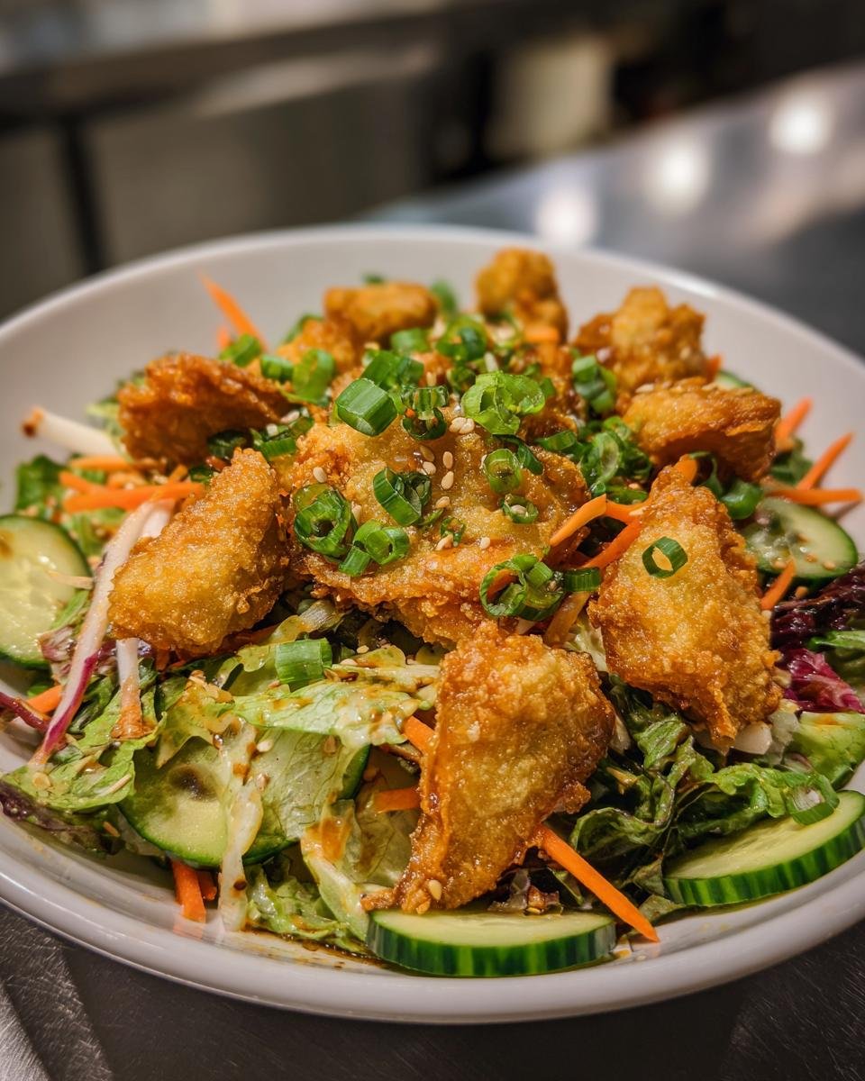 Close-up of Viral Crispy Dumpling Salad featuring golden fried dumplings over mixed greens, cucumbers, and carrots.