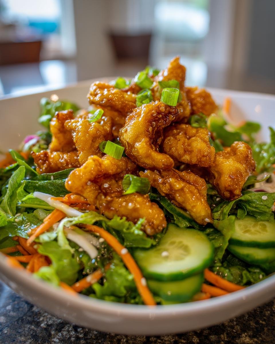 Close-up of Viral Crispy Dumpling Salad featuring glazed, golden dumplings over mixed greens, cucumbers, and carrots.