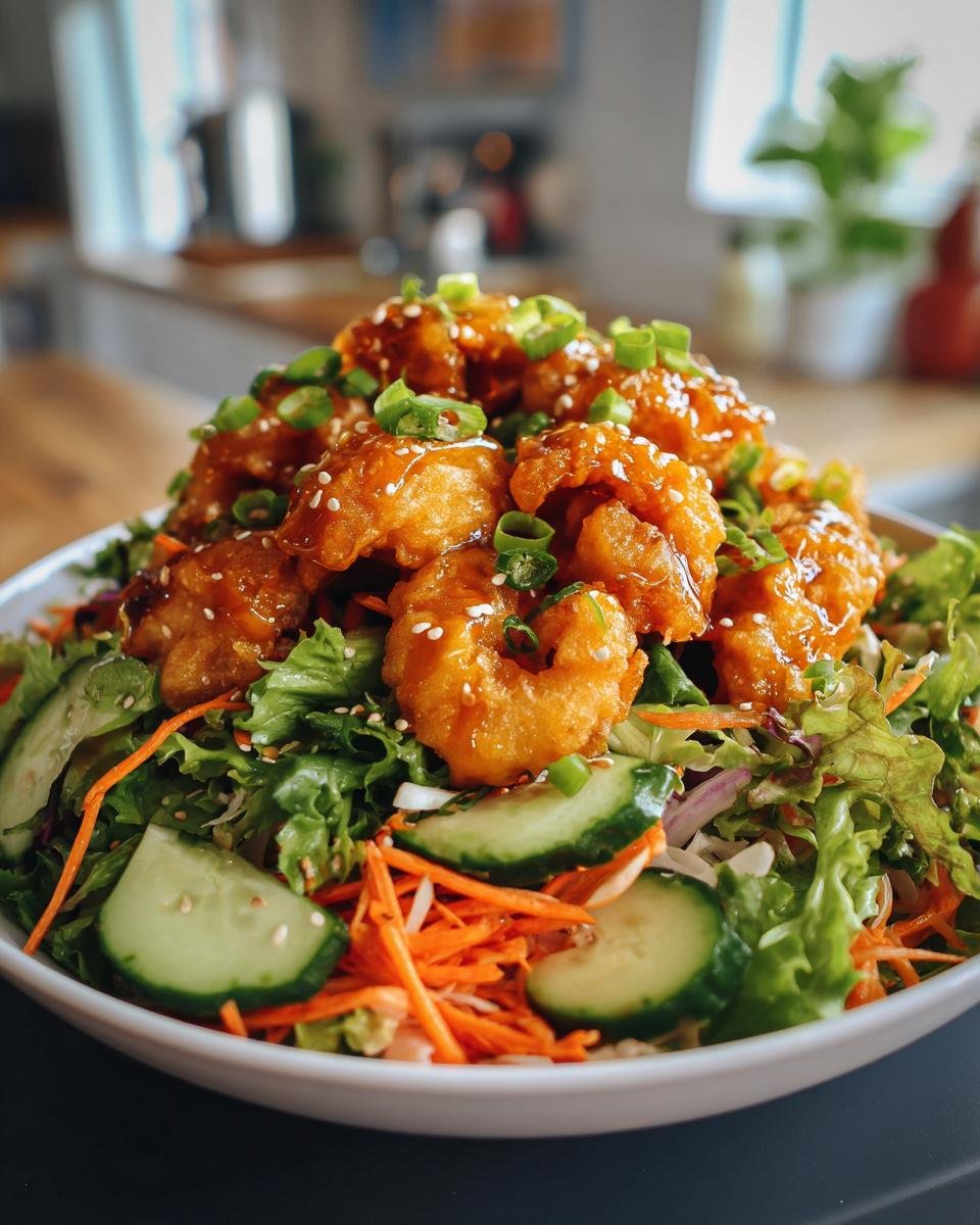 A large bowl of Viral Crispy Dumpling Salad featuring a generous topping of glazed, crispy shrimp, cucumbers, and shredded carrots.