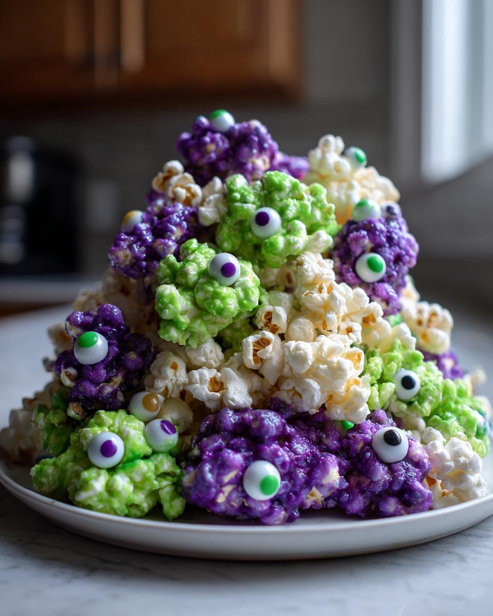 A pile of Enchanting Witches Brew Popcorn Snack Recipe clusters in green, purple, and white, decorated with candy eyeballs.