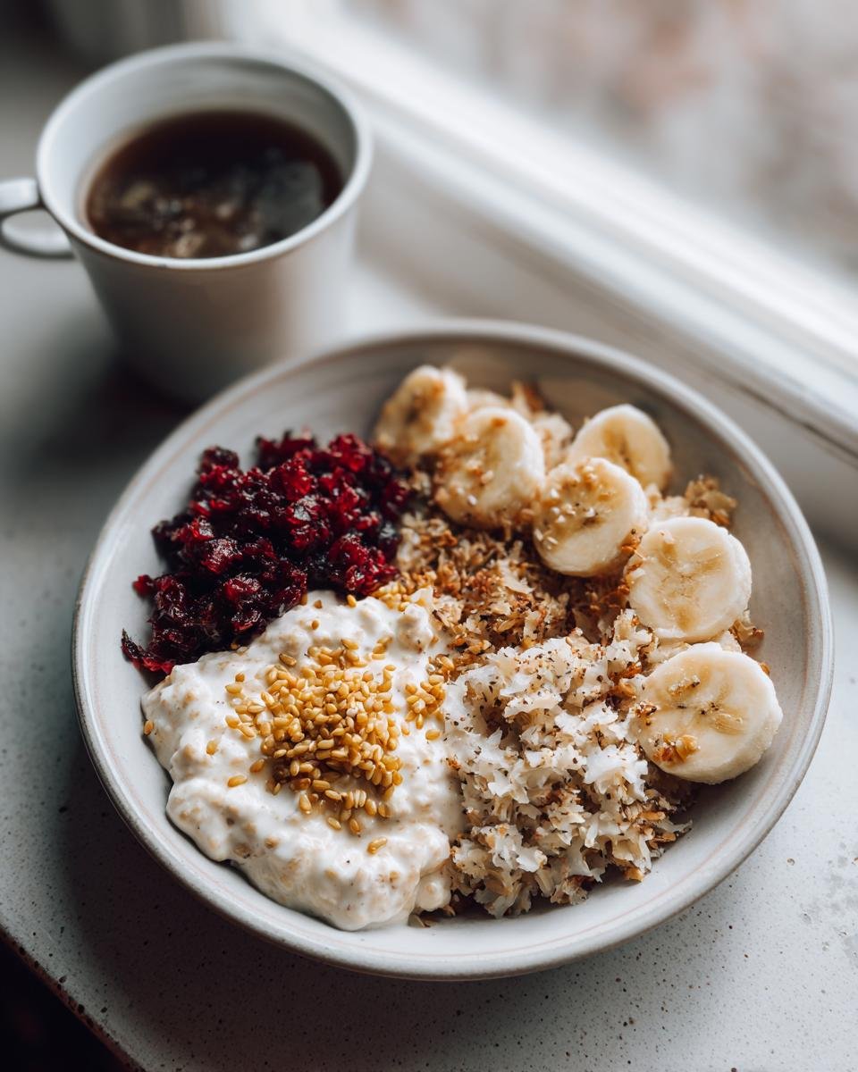 Overnight oats or yogurt bowl topped with banana slices, dried cranberries, and seeds, a great food to improve gut health.