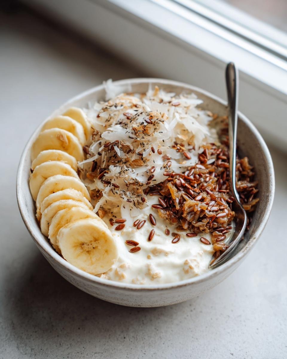 Close-up of a yogurt bowl topped with sliced bananas, shredded coconut, and flax seeds, an example of foods to improve gut health.