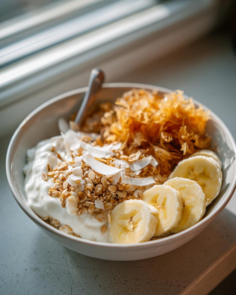 Close-up of a yogurt bowl topped with granola, coconut flakes, banana slices, and sea moss, a food to improve gut health.