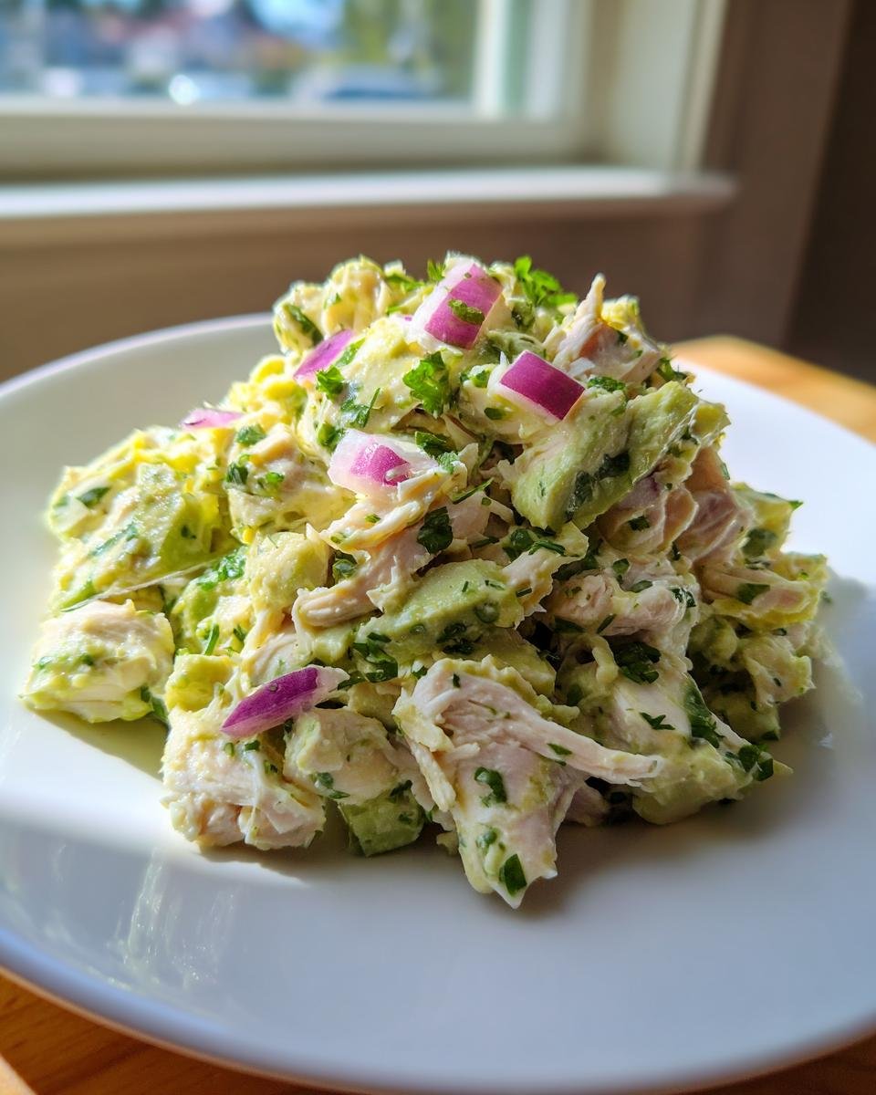 A mound of Zesty Cilantro Lime Chicken Salad mixed with avocado chunks and topped with red onion.