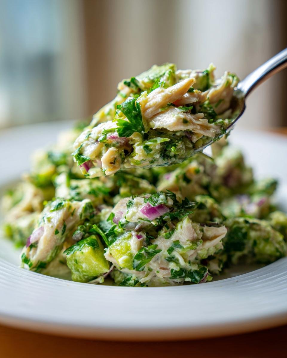 A spoonful of Zesty Cilantro Lime Chicken Salad, showing shredded chicken, avocado chunks, and red onion.