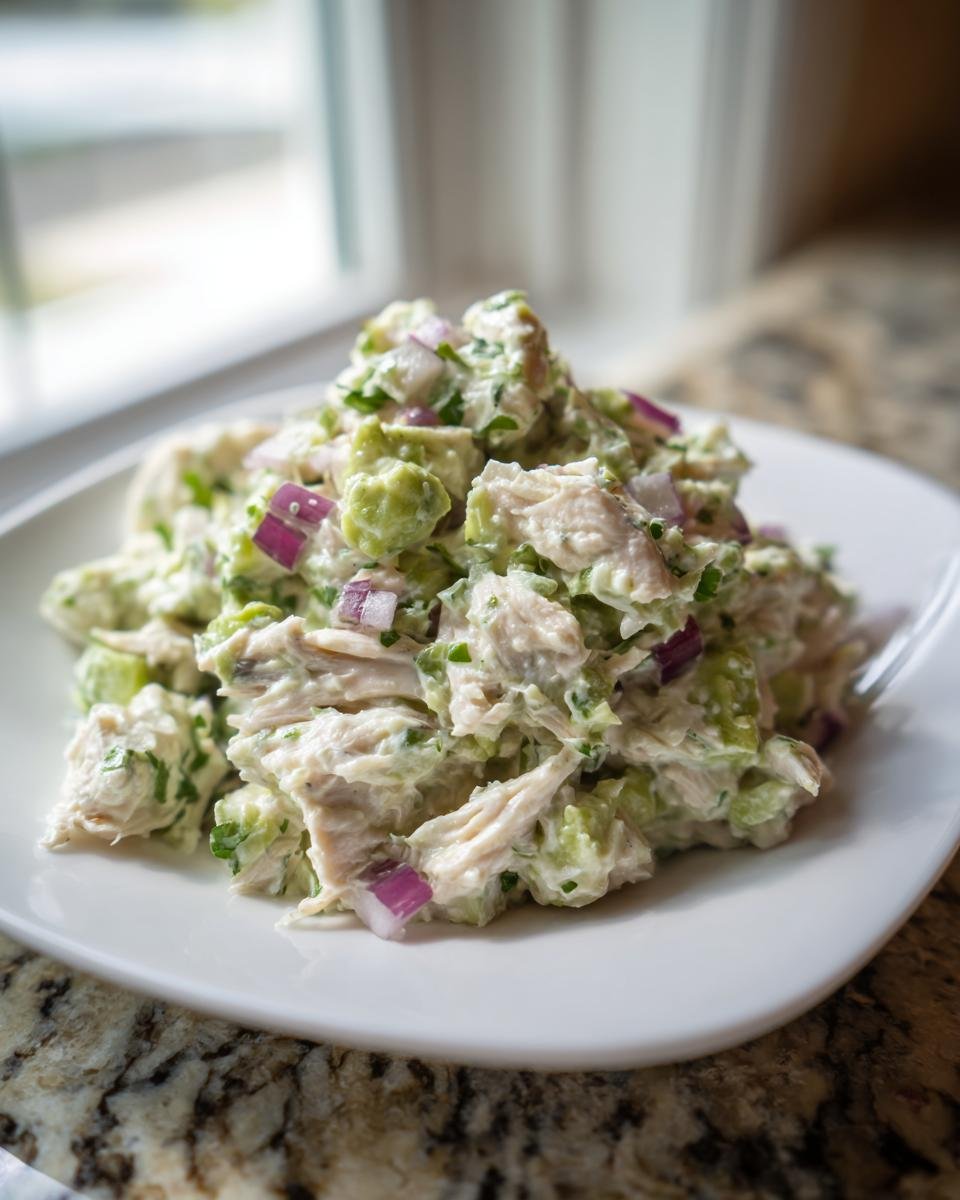 A serving of Zesty Cilantro Lime Chicken Salad mixed with avocado and red onion on a white plate.