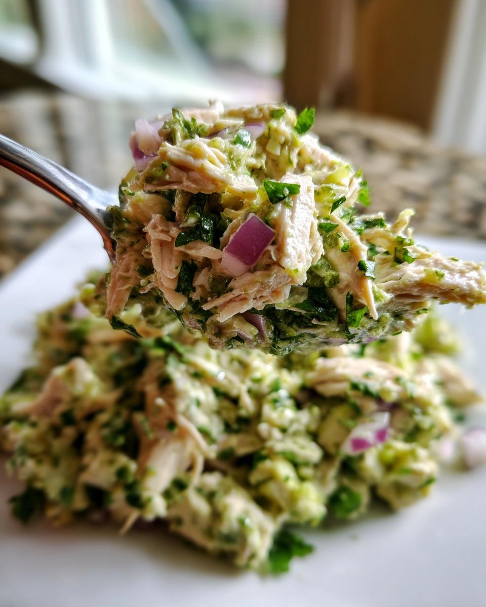 A spoonful of Zesty Cilantro Lime Chicken Salad showing shredded chicken, cilantro, and red onion.