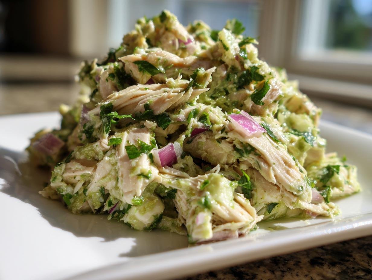 A mound of Zesty Cilantro Lime Chicken Salad featuring shredded chicken, avocado, red onion, and cilantro.