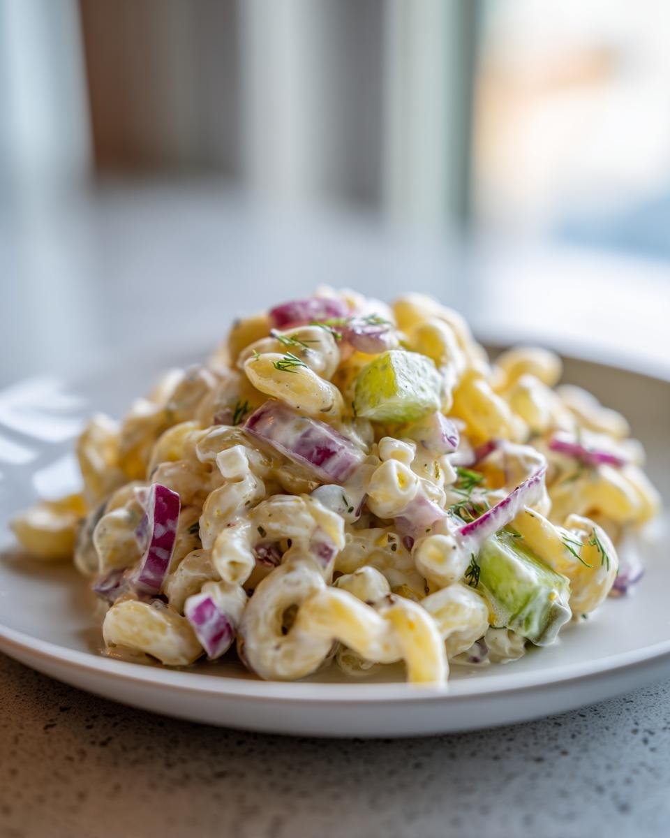 A close-up serving of Zesty Dill Pickle Pasta Salad with macaroni, red onion, and pickles, coated in creamy dressing.