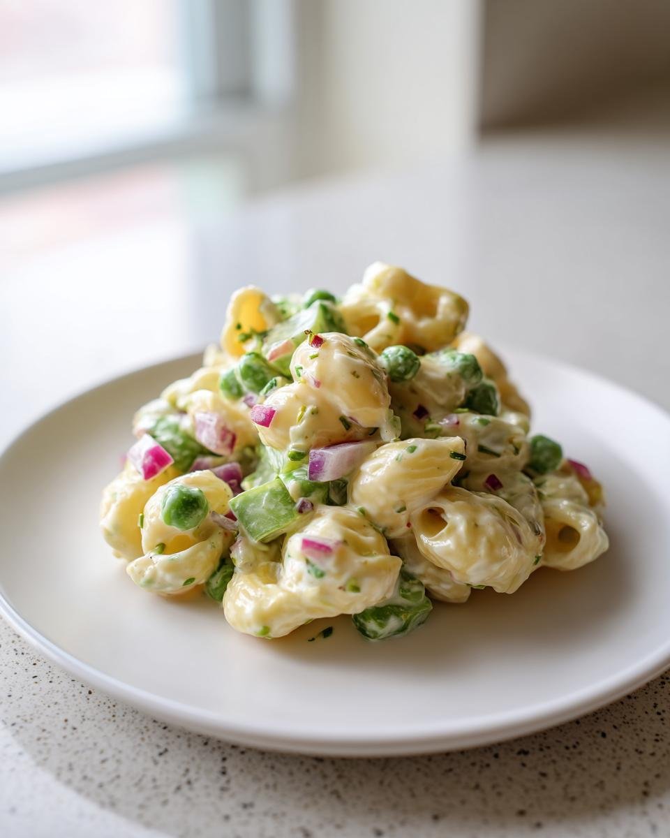 A serving of Zesty Dill Pickle Pasta Salad featuring elbow macaroni, peas, and red onion in a creamy dressing.
