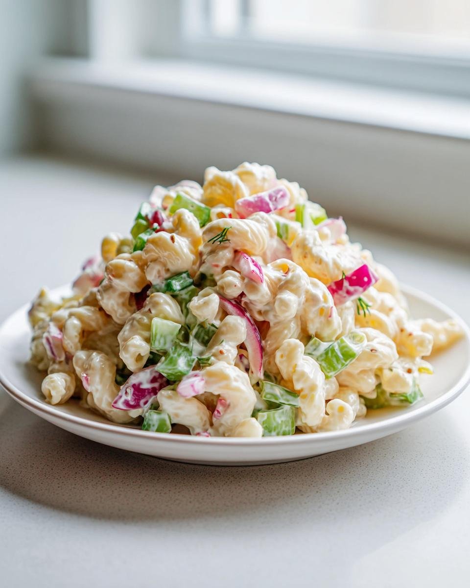 A mound of Zesty Dill Pickle Pasta Salad featuring elbow macaroni, celery, and red onion in a creamy dressing.