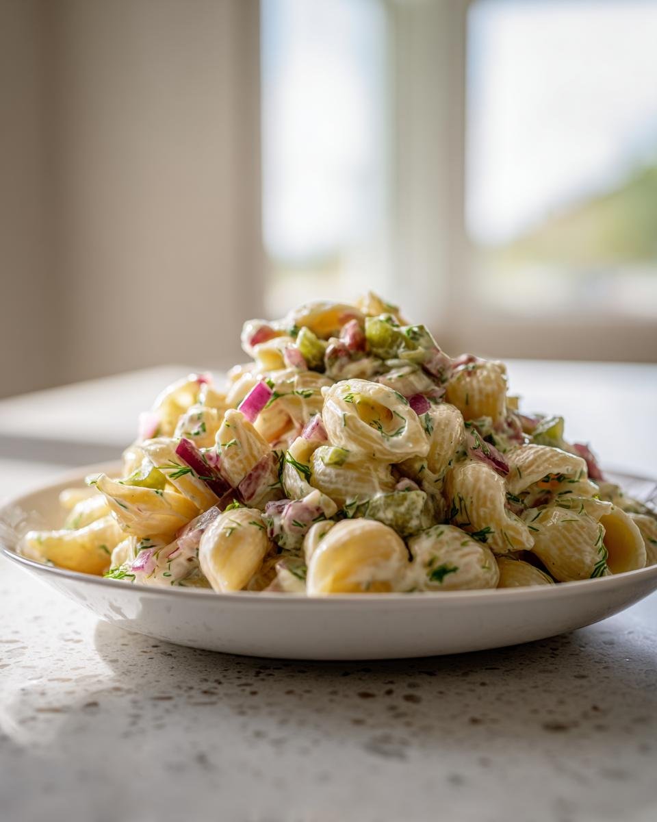 A mound of Zesty Dill Pickle Pasta Salad featuring shell pasta, red onion, and celery in a creamy dressing.
