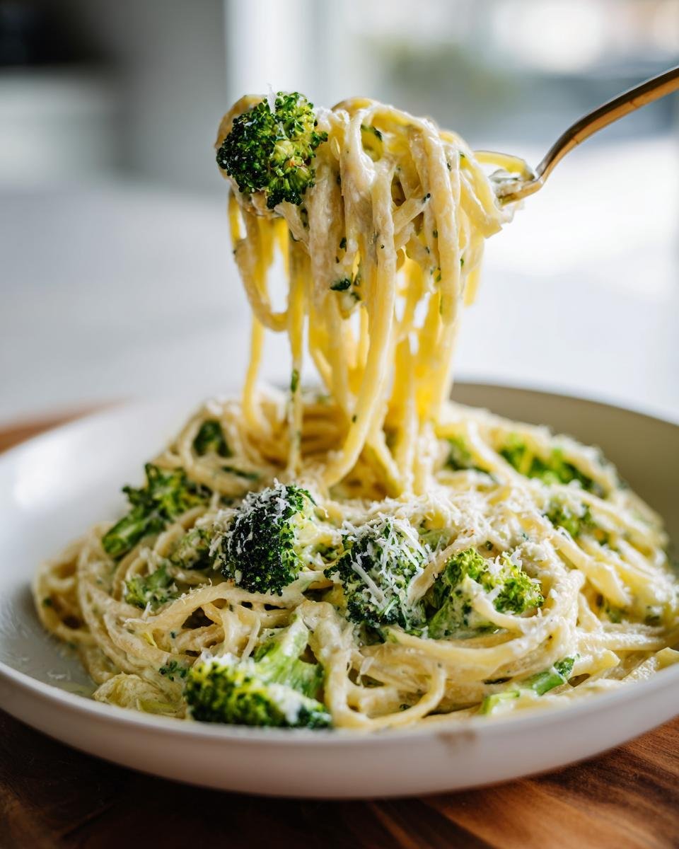 A fork lifting strands of Zesty Lemon Ricotta Pasta With Broccoli from a white bowl, showing creamy sauce and cheese.