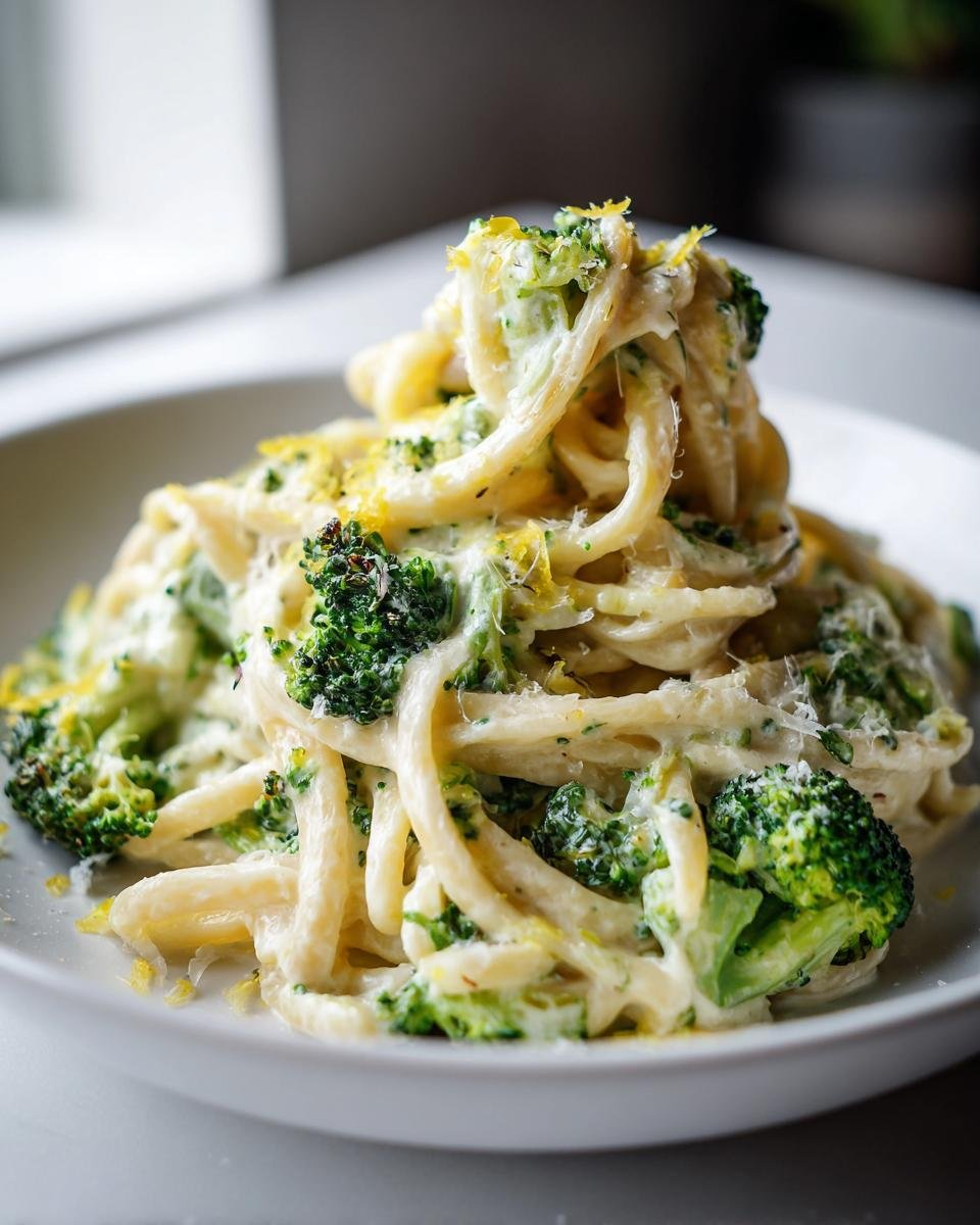 Close-up of Zesty Lemon Ricotta Pasta With Broccoli tossed in a creamy sauce and topped with lemon zest.