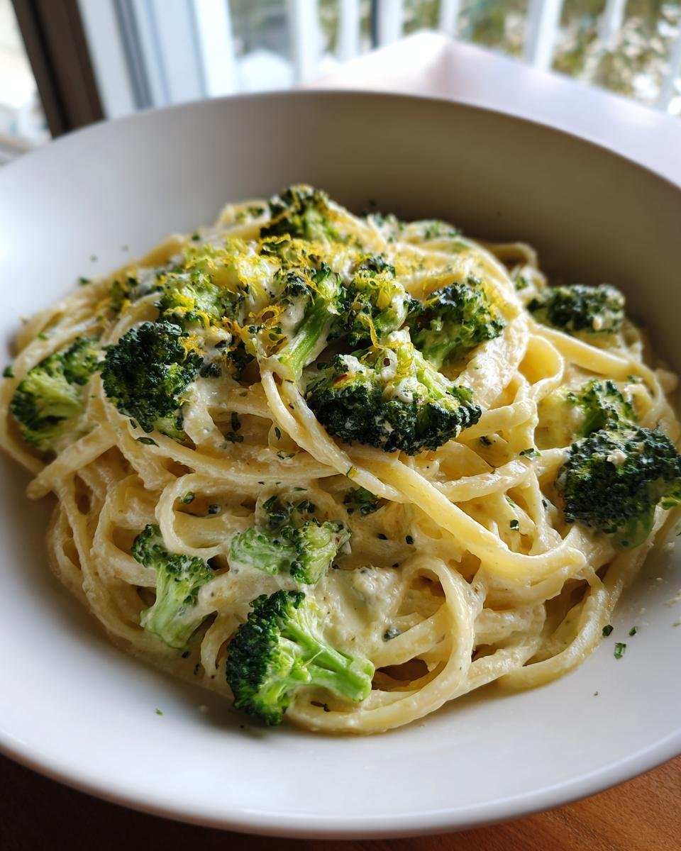 Close-up of Zesty Lemon Ricotta Pasta With Broccoli tossed in a creamy sauce and topped with lemon zest.