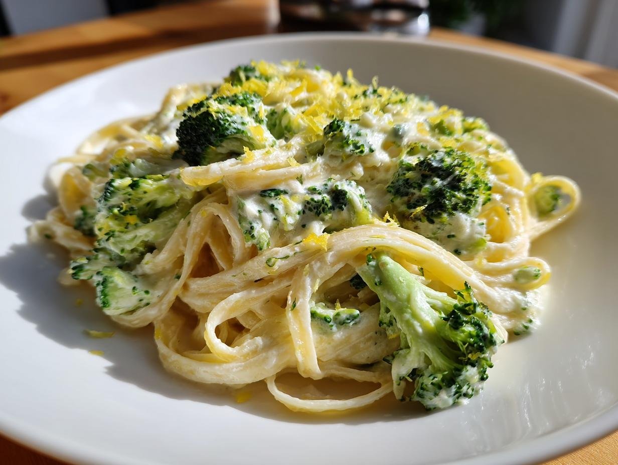 A close-up of Zesty Lemon Ricotta Pasta With Broccoli coated in a creamy sauce and topped with lemon zest.