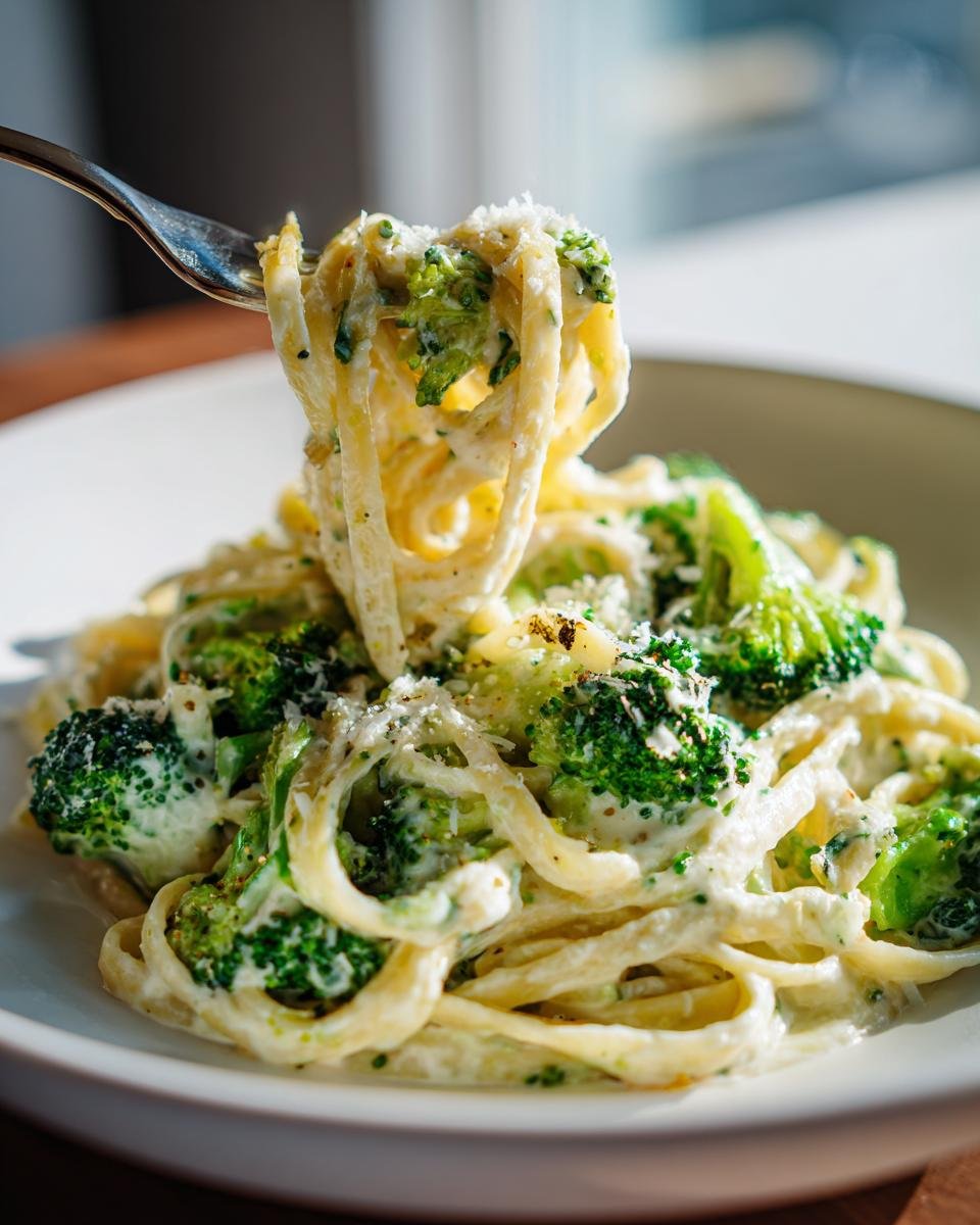 A fork lifting creamy Zesty Lemon Ricotta Pasta With Broccoli from a white bowl, sprinkled with cheese.