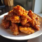 A pile of glistening, sticky pieces of 15 Minute Easy Orange Chicken coated in a rich glaze and sprinkled with sesame seeds.