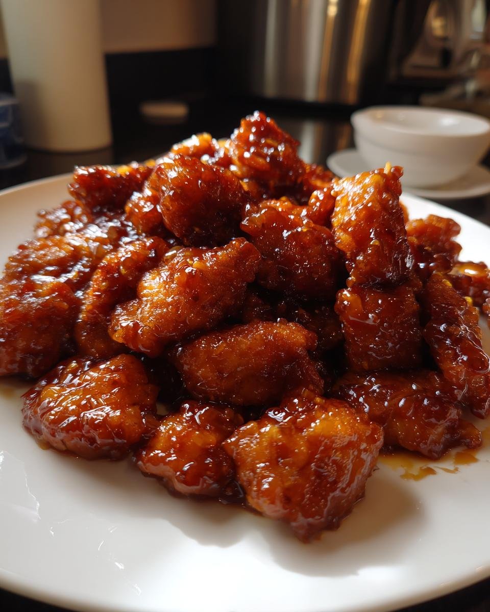 Close-up of crispy chicken pieces coated in a thick, glossy orange sauce for the 15 Minute Easy Orange Chicken Quick Delicious Recipe.