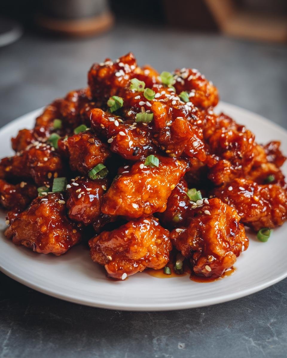 A close-up of crispy chicken pieces coated in glossy orange sauce for the 15 Minute Easy Orange Chicken recipe.